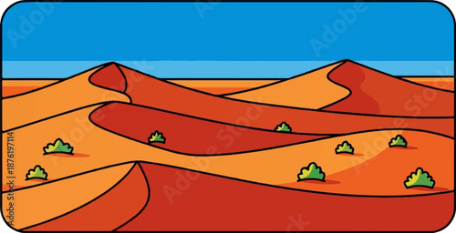 Stylized desert dunes with scattered green shrubs under a clear blue sky