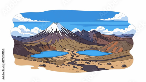 Snowy peak mountain with two blue lakes, rocky terrain, and cloudy sky