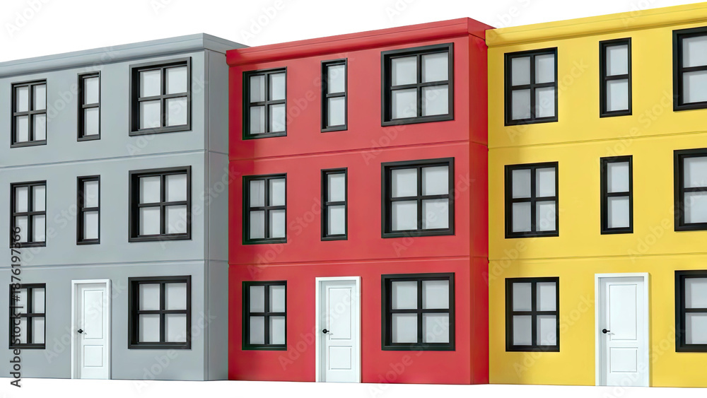 Obraz premium Row of modern buildings in gray, red, and yellow