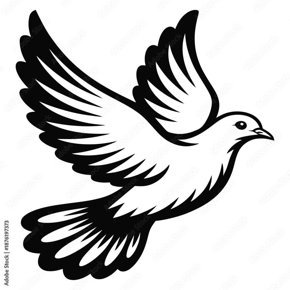 Fototapeta premium Black and white silhouette of a dove in flight, symbolizing peace, love, and the holy spirit, isolated on white background