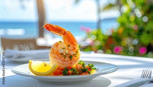 Elegant firefly shrimp dish with lemon slice and fresh parsley, served on a white plate with ocean view