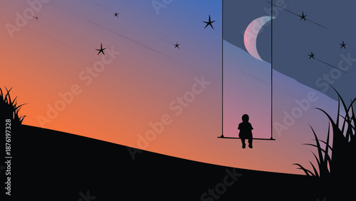 Child on swing under starry night sky with crescent moon