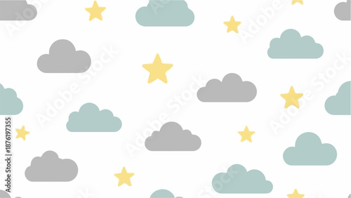 Soft pastel clouds and stars scattered across a white background, creating a gentle, dreamy pattern