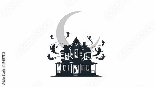 Spooky haunted house silhouette surrounded by ghostly figures and a crescent moon