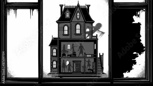Spooky mansion silhouette, featuring spectral figures inside