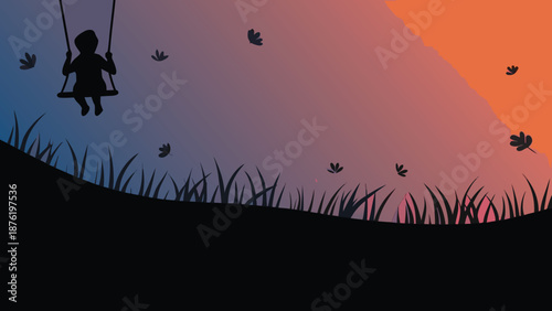 Silhouette of a child happily swinging in a serene outdoor setting at sunset
