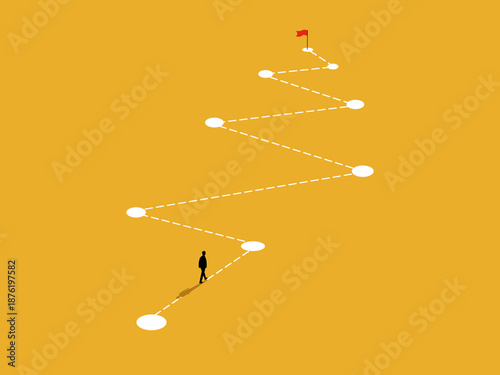 businessman places workflow points to flags indicating goal achievements