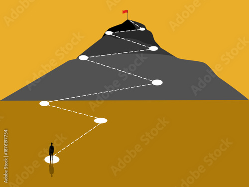 businessman follows a process to reach his goal, the flag at the mountaintop