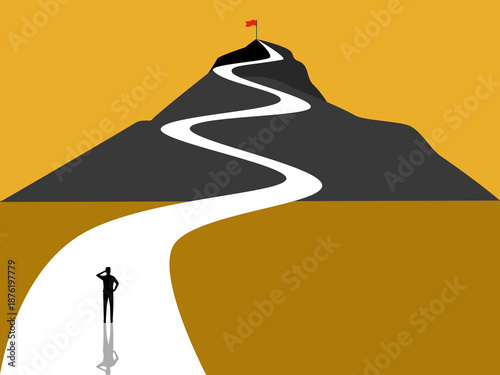 businessman on the long journey sets his sights on the flag at the mountaintop