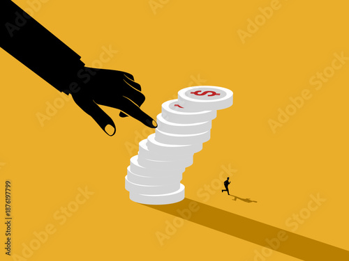 giant hand pushed a pile of coins onto a small businessman