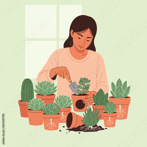 Young Woman Planting Succulents Hobby