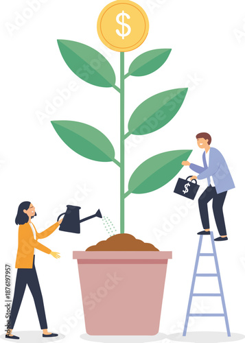 Mutual fund or growing investment, wealth profit growth or earning increase, savings or wealth management, pension fund concept, businessman investor watering stack dollar coin to grow money plant. 