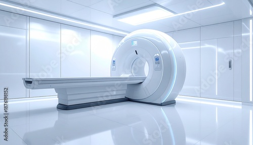 Futuristic firefly medical mri machine in a sterile, ultra-realistic empty room, advanced technology