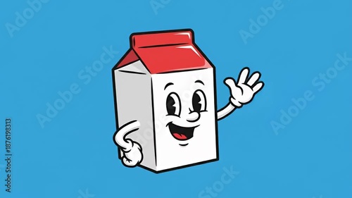 Cartoon Milk Carton Character Waving Hello on Blue Background.
