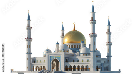 Large white mosque with gold dome and minarets isolated on transparent background