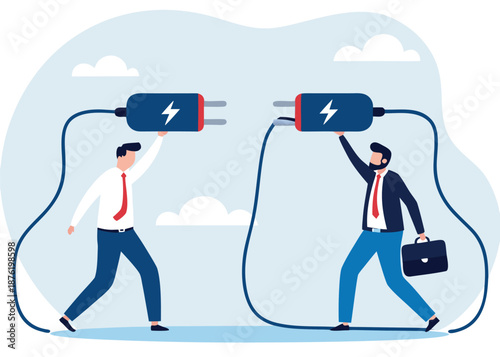 recharge energy or restore enthusiasm for work, refreshing from overwork or tiring activities, businessman connects electrical plug to power source to recharge low battery exhausted businessman worker