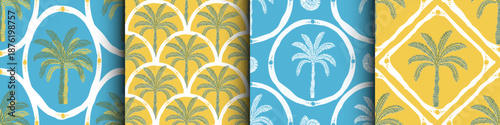 palm tree, marine theme retro geometric seamless pattern, texture background set. Trendy swimwear design, ornament print , banner, wrapping paper, greeting card