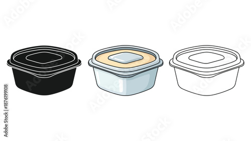 Set of three square plastic food container icons with lids in black, color, and outline illustration