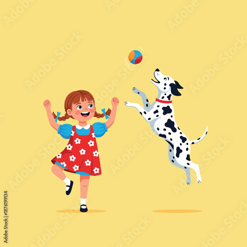 Happy Girl Playing Ball with Jumping Dalmatian Dog
