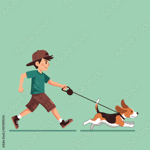 Boy Running With Beagle Dog On Leash