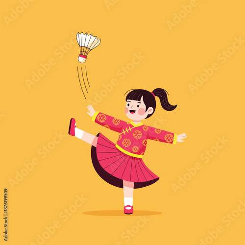 Little Girl Playing Jianzi Game Flat Vector