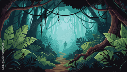 A pixel art illustration of a dense, atmospheric jungle with a mysterious silhouette of a person on a path, surrounded by lush foliage and hanging vines.