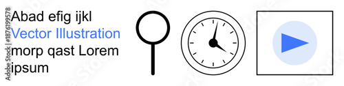 Research, time management, media playback, template design, progress tracking, educational tools. Magnifying glass, analog clock and play symbol with placeholder text. Research and time management