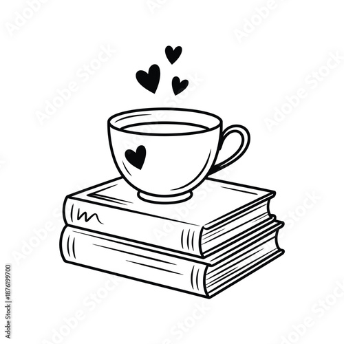 a cup of coffee on top of two stacked books with hearts