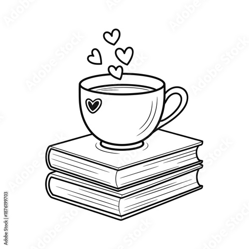 a cup of coffee on top of books with hearts
