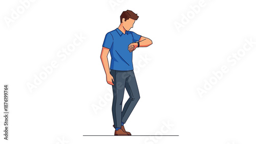 Young man in blue polo shirt and dark pants anxiously checking time on his wrist worn smart device