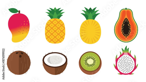 Collection of vibrant stylized tropical fruits including a whole mango pineapple coconut papaya kiwi and dragon fruit icons set