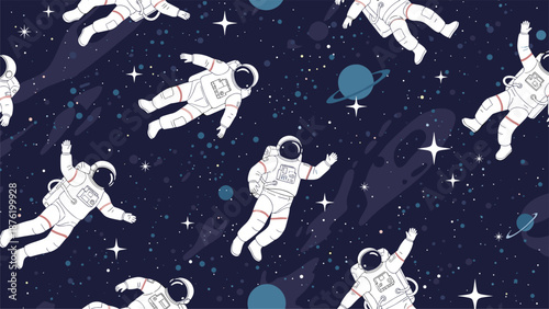 A fun seamless pattern of cartoon astronauts floating in deep space among stars and planets, creating a cosmic adventure-themed background design.