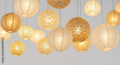 様々なデザインの丸い吊り下げ照明が温かい柔らかな光を放ち空間全体を幻想的に照らす. AI Generated