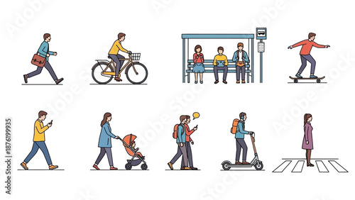 Collection of urban commuters and pedestrians engaging in various forms of active transportation or waiting for public transit in a simplified illustration style