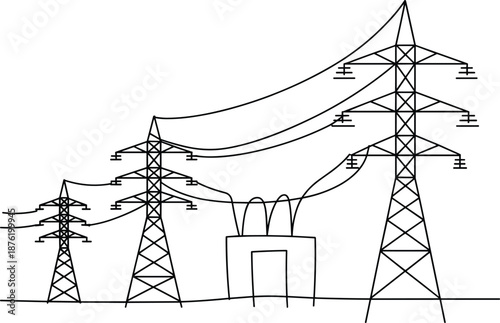 High Voltage Power Lines, Electricity Transmission Towers, Energy Infrastructure, Industrial Landscape, Power Grid