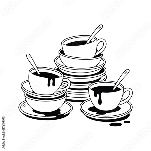 a stack of coffee cups with spoons and saucers