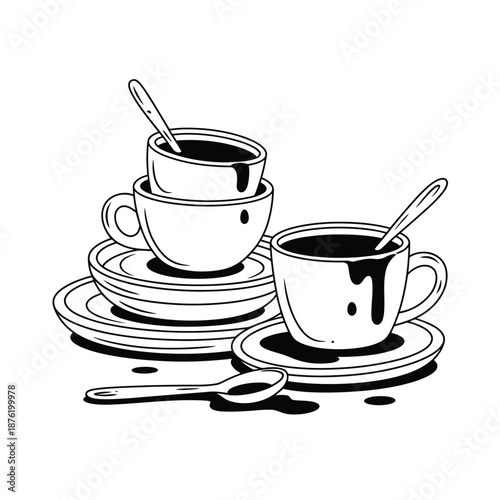 a black and white drawing of coffee cups and saucers with spoons