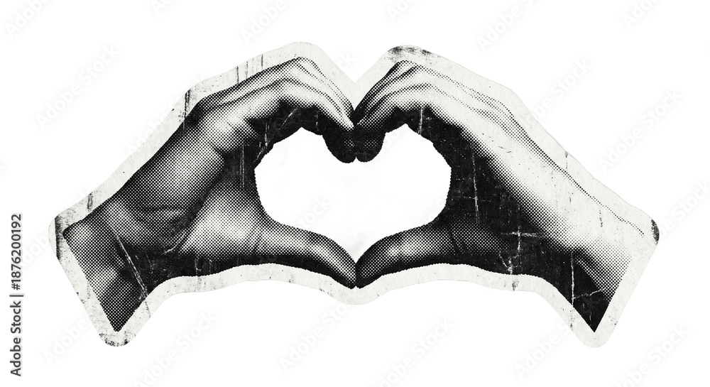 Obraz premium Hands making a heart shape in a vintage halftone sticker art style.