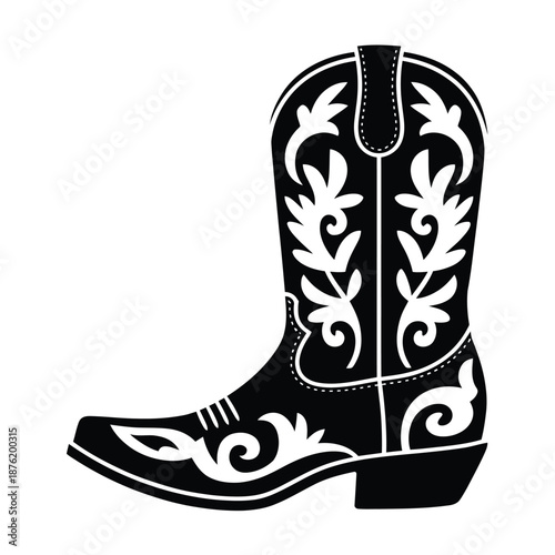 a black and white cowboy boot with decorative white designs