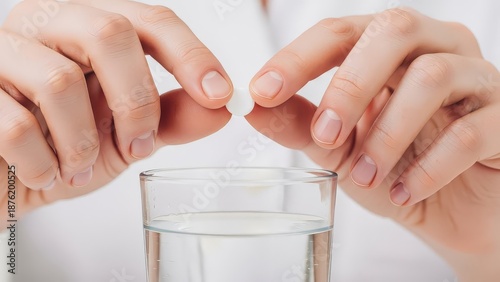 Person about to dissolve a tablet in a glass of water