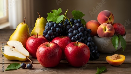 A fresh assortment of ripe apples, juicy pears, sweet grapes, and peaches