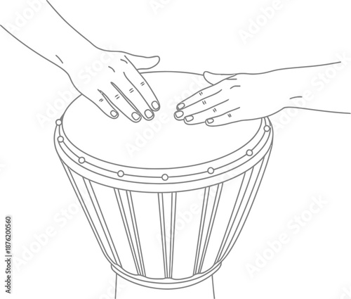 Minimalist black and white line art illustration depicts two hands playing a traditional djembe drum with focused fingertips striking the taut skin surface