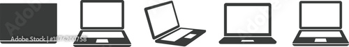 Black-and-white laptop icon set with varied orientations and designs for tech, UI, and educational visuals