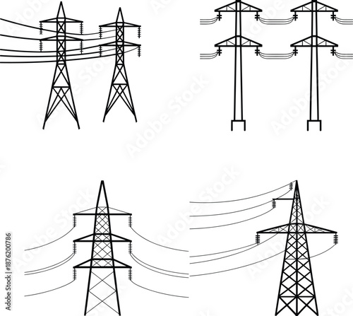 High Voltage Power Lines, Transmission Towers, Electrical Infrastructure, Energy Grid, Utility Poles, Power Distribution