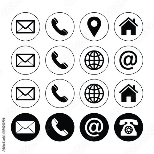 Collection of various communication and navigation icons in black and white