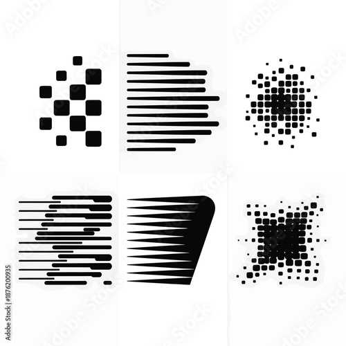 Halftone patterns and geometric shapes in black on white background