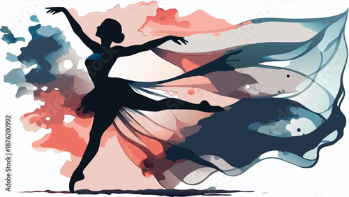 Elegant ballerina dancing dynamically with colorful flowing fabric