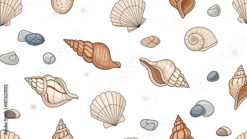 A charming seamless pattern of assorted hand-drawn seashells and smooth sea pebbles, creating a beach-themed background perfect for summer designs.