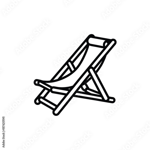 a black line drawing of a folding beach chair with a curved seat