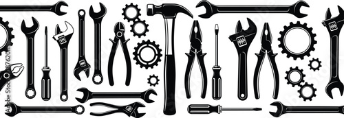 Black And White Mechanical Hand Tools Collection With Wrenches Hammers Pliers Gears Workshop Flat Vector Illustration Set
